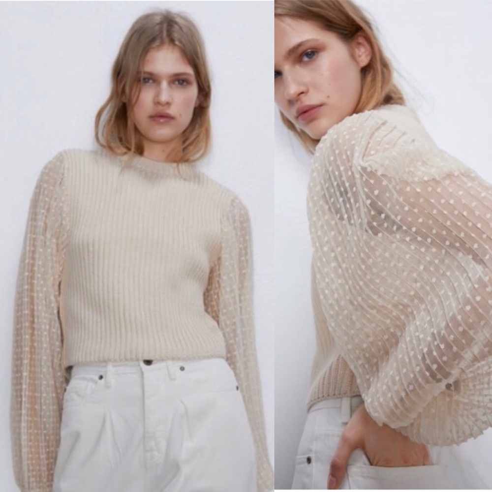 Zara Cream Mesh Swiss Dot Puff Sleeves Sweater